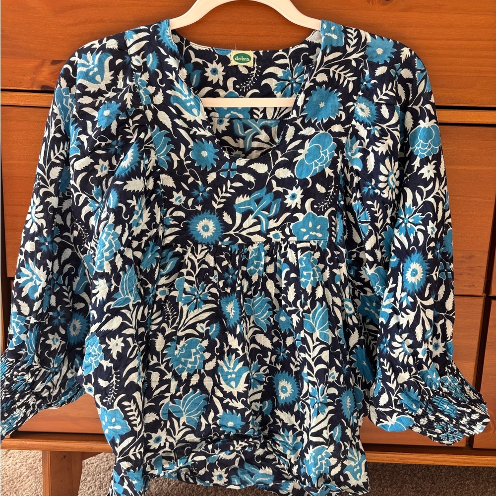 Smocked Floral Blouse in Blue and White